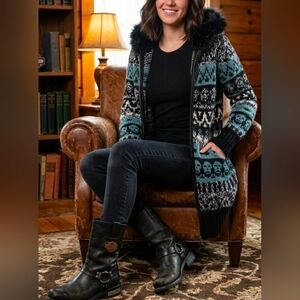 Anthropologie Nordic Knit Jacket with Fur Hood M
